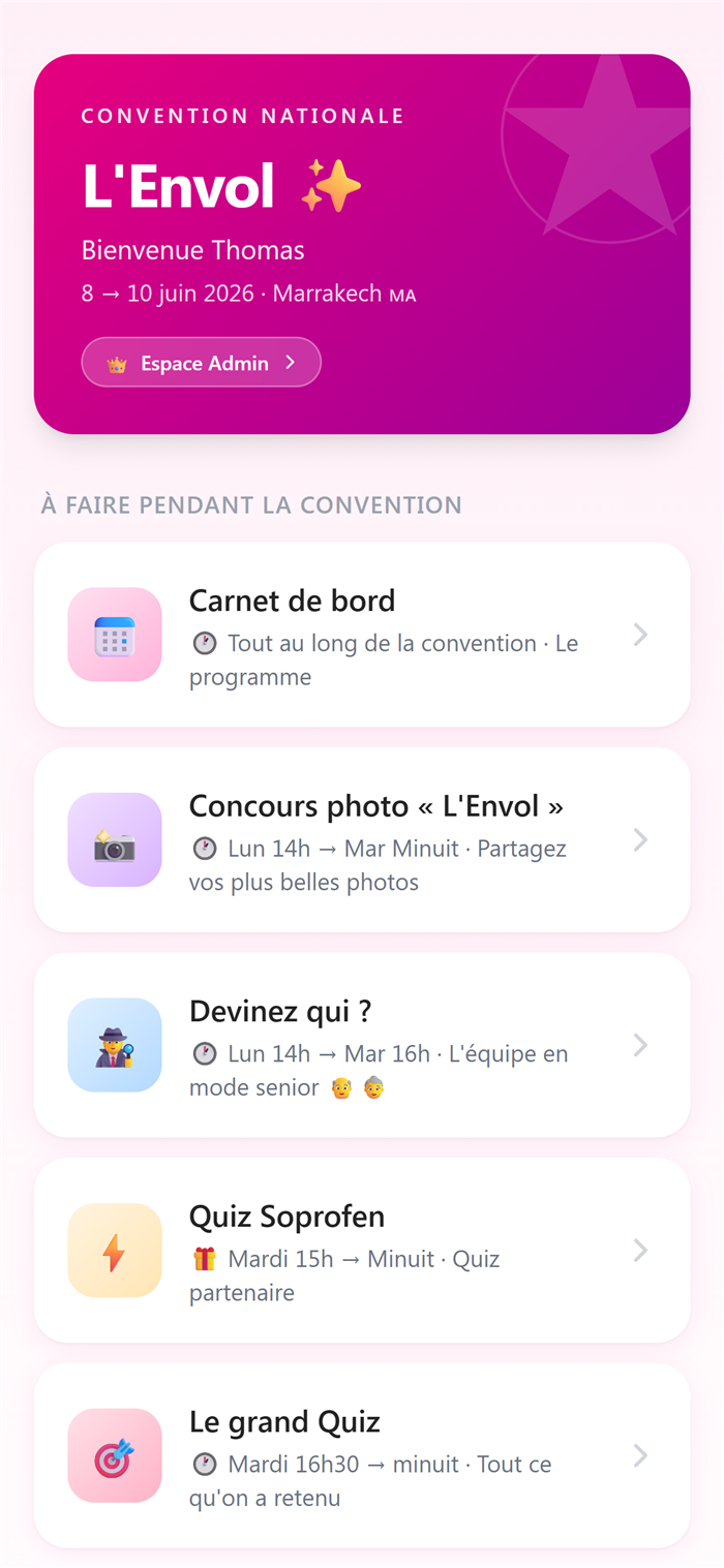 Accueil personnalisé de l'application aux couleurs de la convention DOMetVIE